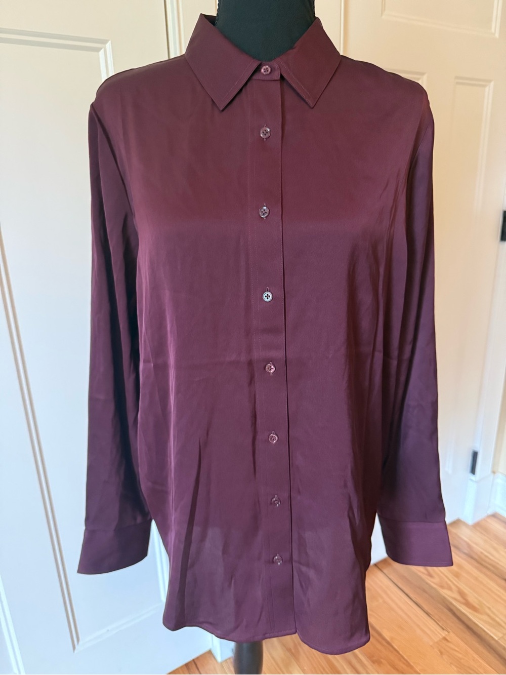 Quince Silk Blend Button Down Shirt Long Sleeve Women Size L Minimalist Wine NWT